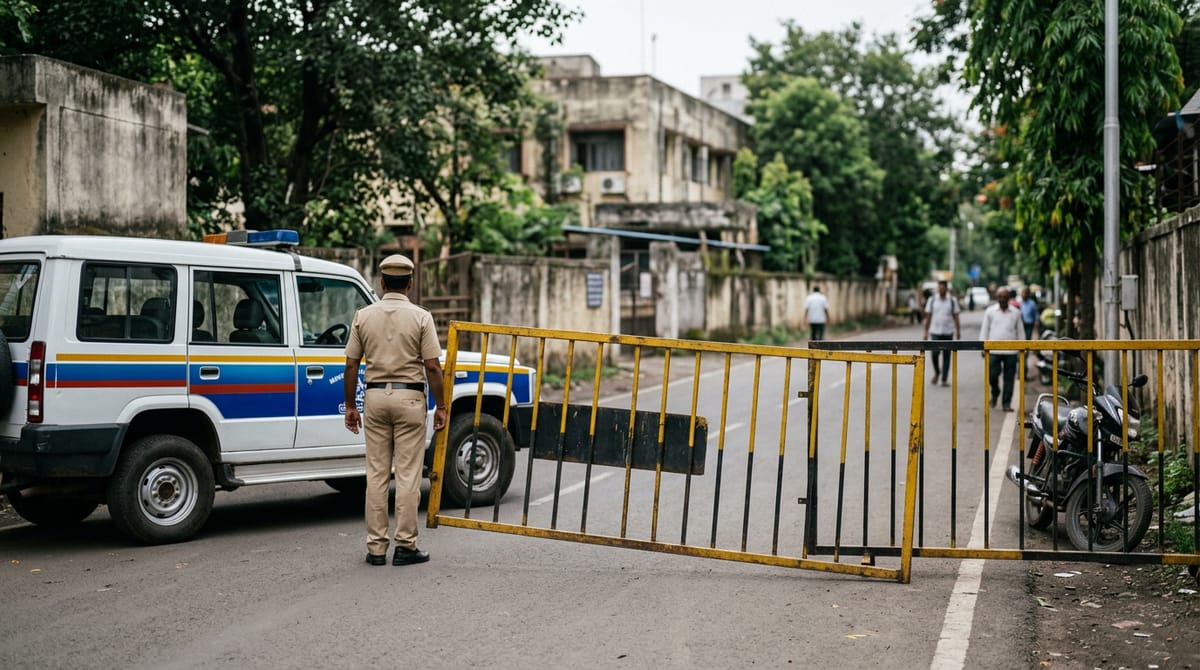 Police barricades on a road in front of a building, with a notice board on the left.