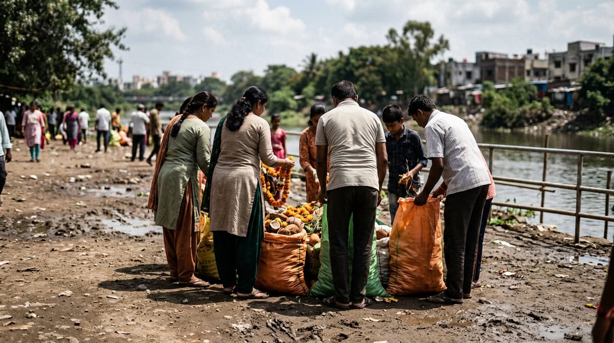 volunteers collecting flower offerings into large sacks beside a lake immersion ghat after the Ganesh festival, morning light