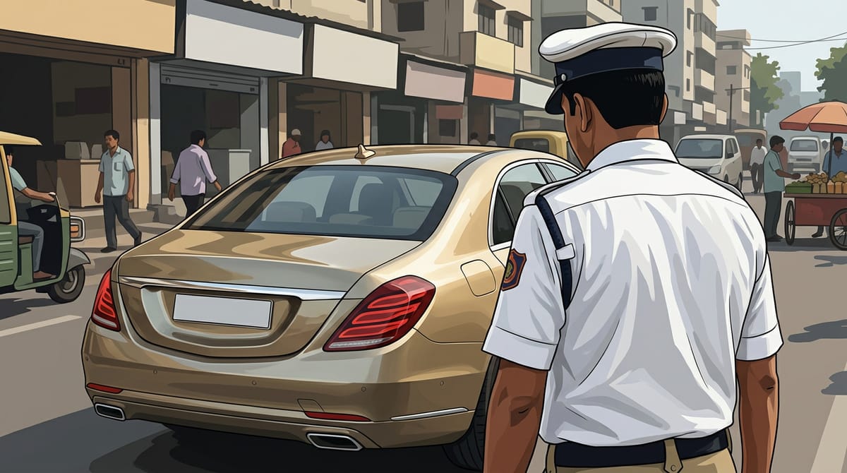 A golden car is parked on the road behind a traffic police officer.