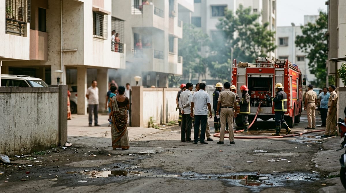 firefighters spraying water on a fire at an apartment balcony of a residential tower while a firefighter carries a child to safety