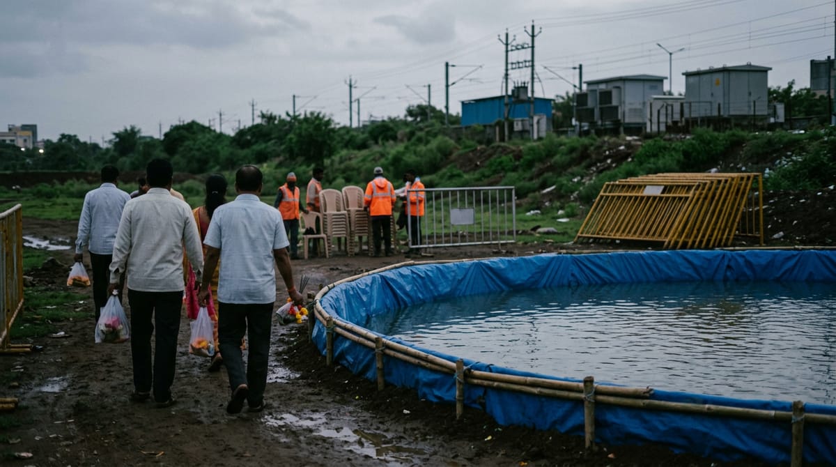 an artificial immersion tank for Ganesh idols with lifeguards, an ambulance and a fire brigade team standing by