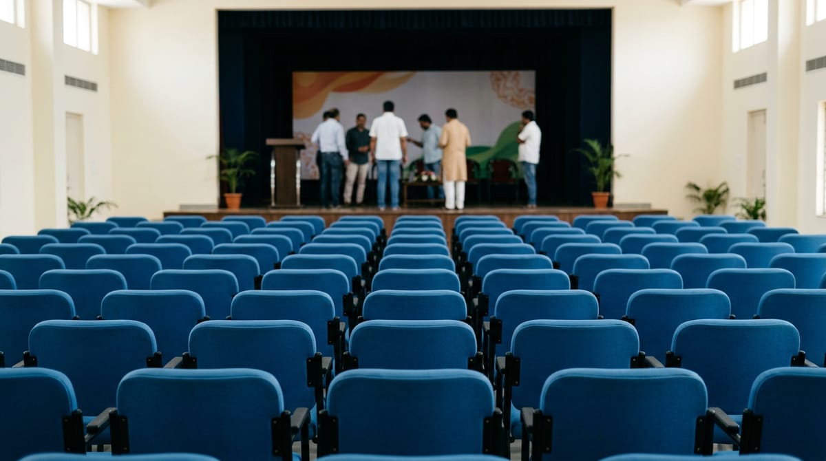 Many people stand with raised hands in a hall decorated with orange and green pennants.