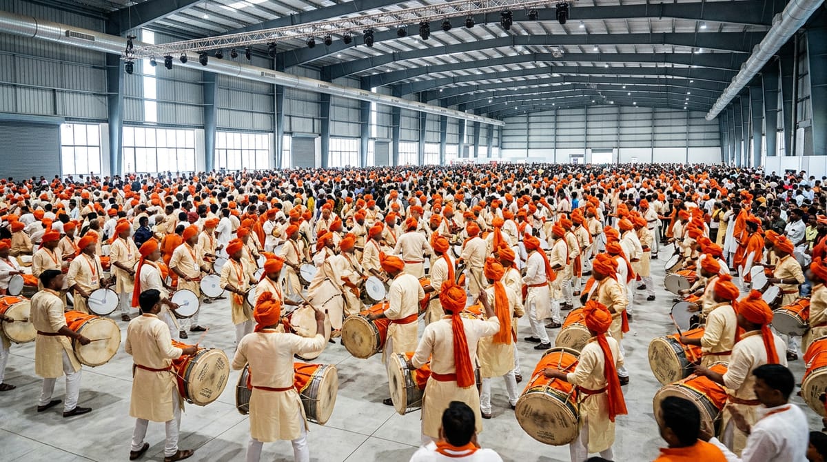 एक बड़े हॉल में सैकड़ों ढोल-ताशा वादक, नारंगी पगड़ी और सफेद कपड़े पहने हुए, ढोल बजा रहे हैं।