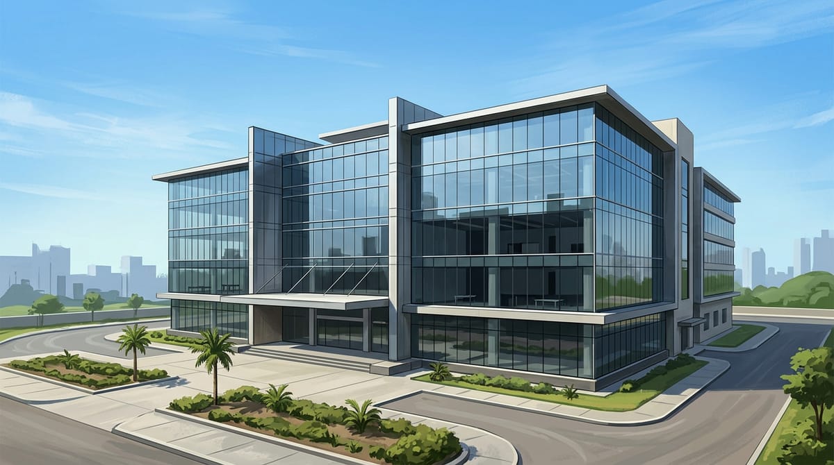 AI-generated illustration of a modern glass building with palm trees and greenery in front.
