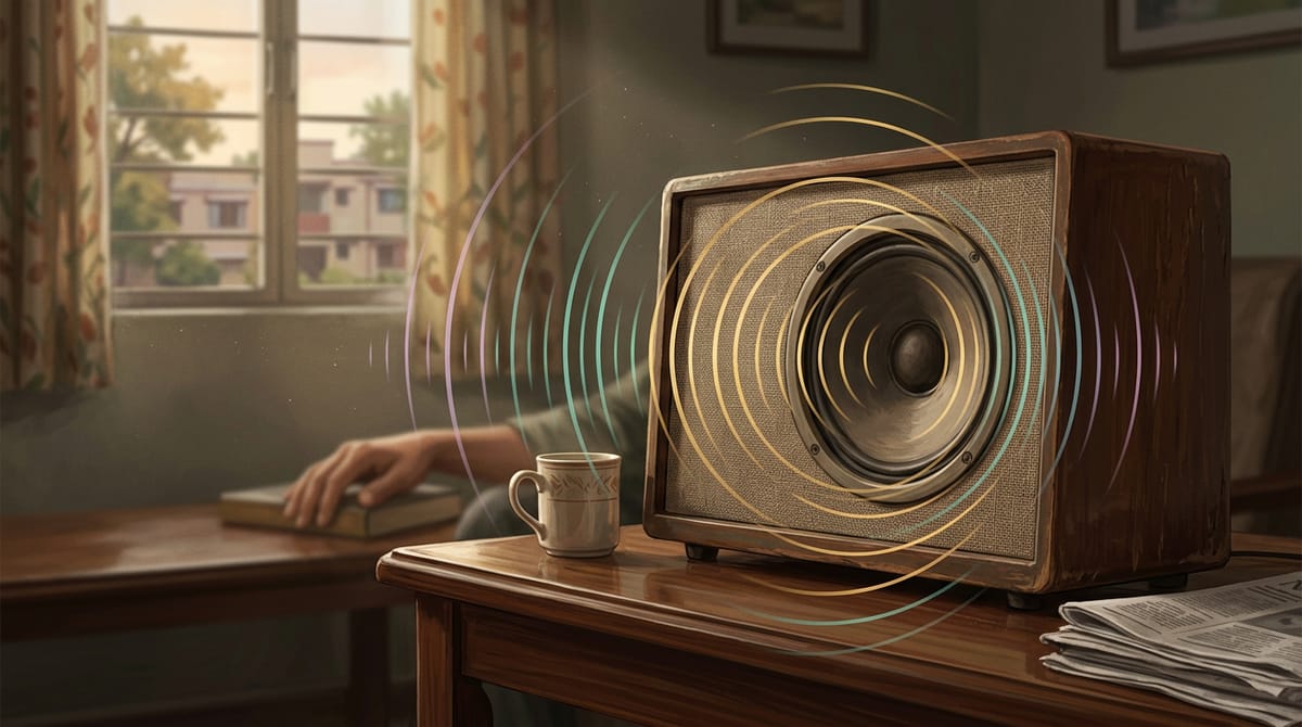An old radio and a stack of newspapers on a wooden table, with an outdoor view through a window.