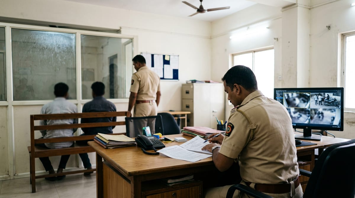 पुलिस अधिकारी सीसीटीवी फुटेज की निगरानी कर रहे हैं, सामने मेज पर एक मंगलसूत्र रखा है।