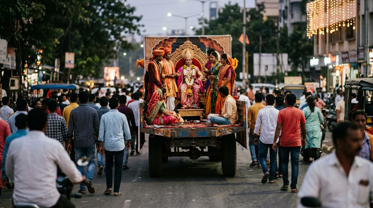 a Ganesh festival stage tableau of a traditional mythological deity wedding with performers in costume, marigold decorations and an audience watching
