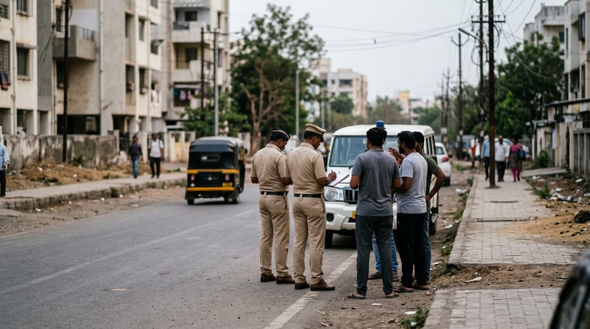 एक पुलिस अधिकारी एक आदमी को दस्तावेज़ दे रहा है, और दो अन्य पुरुष पास खड़े हैं।