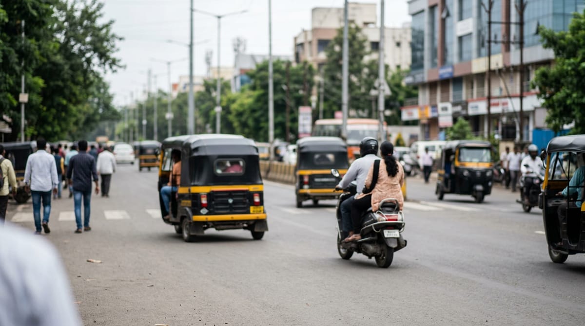heavy trucks halted at a police barricade on a city road while festival crowds gather ahead, a traffic policeman directing