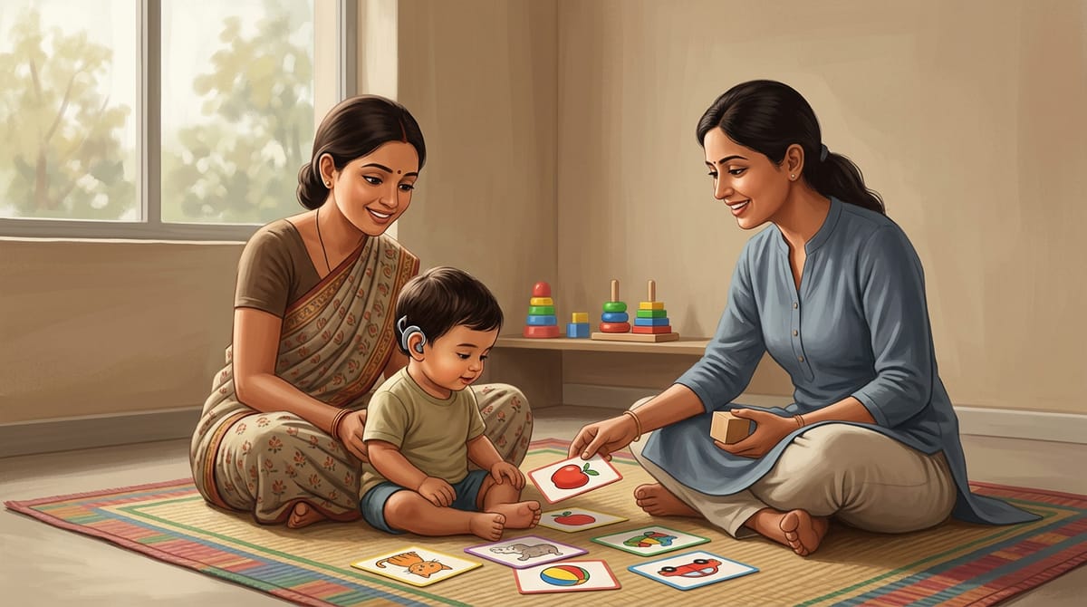 दो महिलाएं एक छोटे बच्चे के साथ चटाई पर बैठकर फ्लैशकार्ड का उपयोग करके खेल रही हैं।