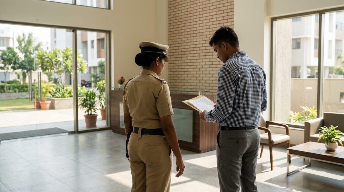 एक महिला पुलिस अधिकारी और एक व्यक्ति दस्तावेज़ों की जाँच कर रहे हैं।