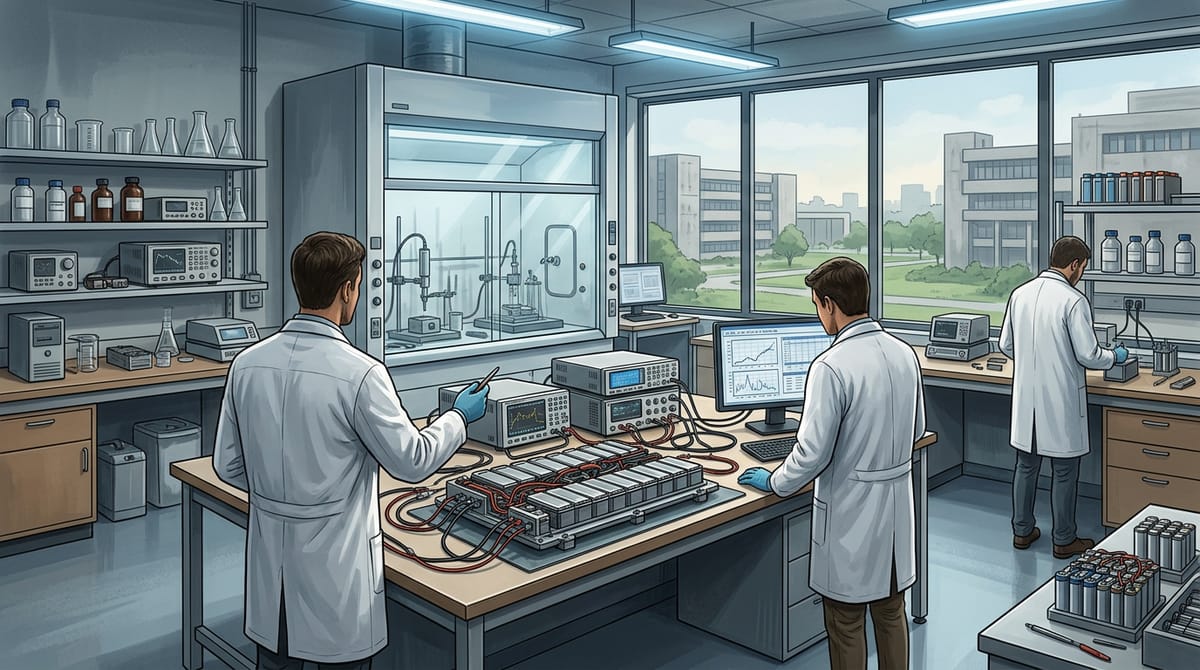 Three scientists are working on battery technology in a laboratory.