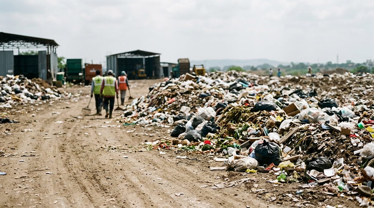 a large municipal garbage depot with heaps of waste and an idle waste-to-energy plant with a chimney in the background under an overcast sky