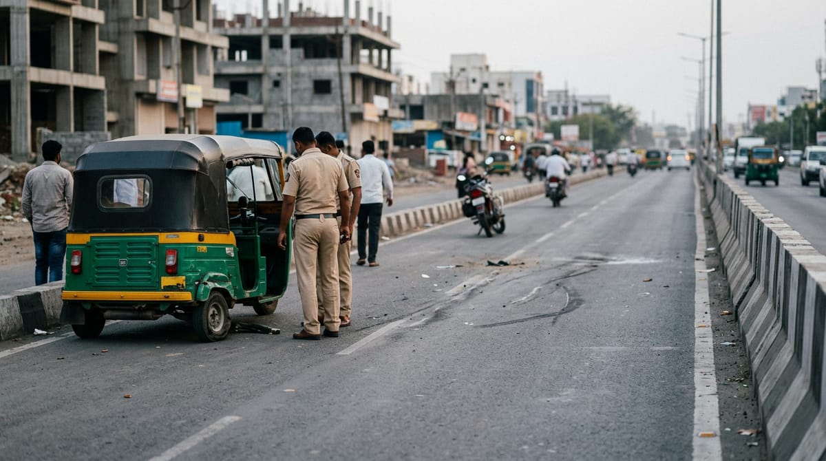 शाम के समय सड़क पर एक ऑटो-रिक्शा और मोटरसाइकिल खड़ी है; दो पुलिस अधिकारी और एक नागरिक मौजूद हैं।