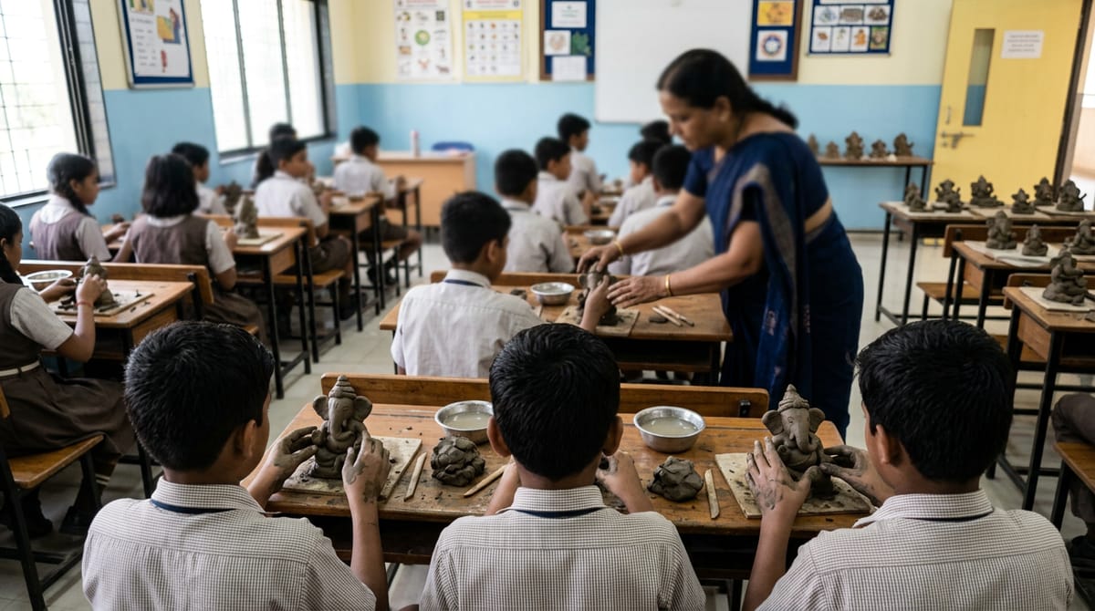school children shaping small clay Ganesh idols at tables in a classroom workshop