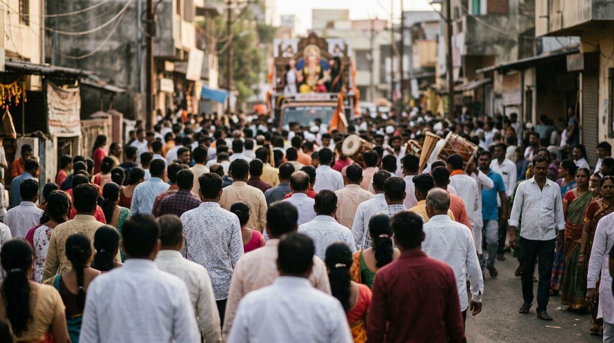 People playing drums in a Ganesh festival procession, with a crowd gathered around the idol of Ganesha.