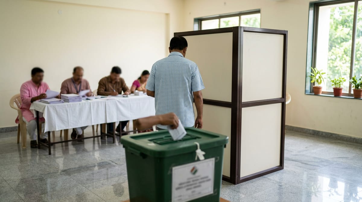 a ballot box, an inked voter finger and election material being prepared by officials at a table
