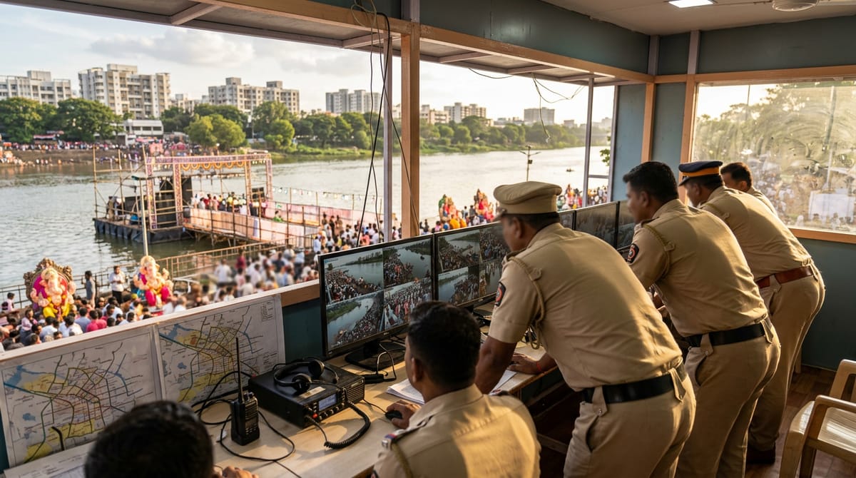 गणेश विसर्जन जुलूस के दौरान सड़क के दोनों ओर खड़े पुलिस अधिकारी और निवासी।