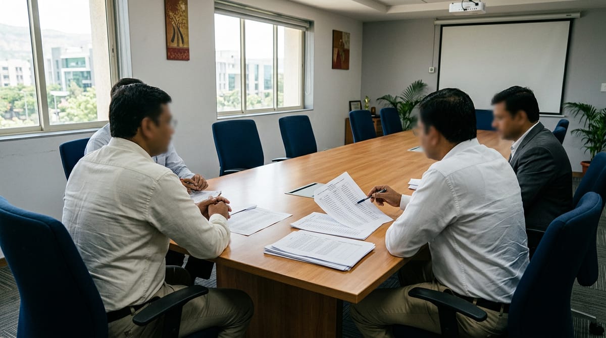 a clipboard with a list of names on a party office table beside a phone, people waiting in the background, no party symbols