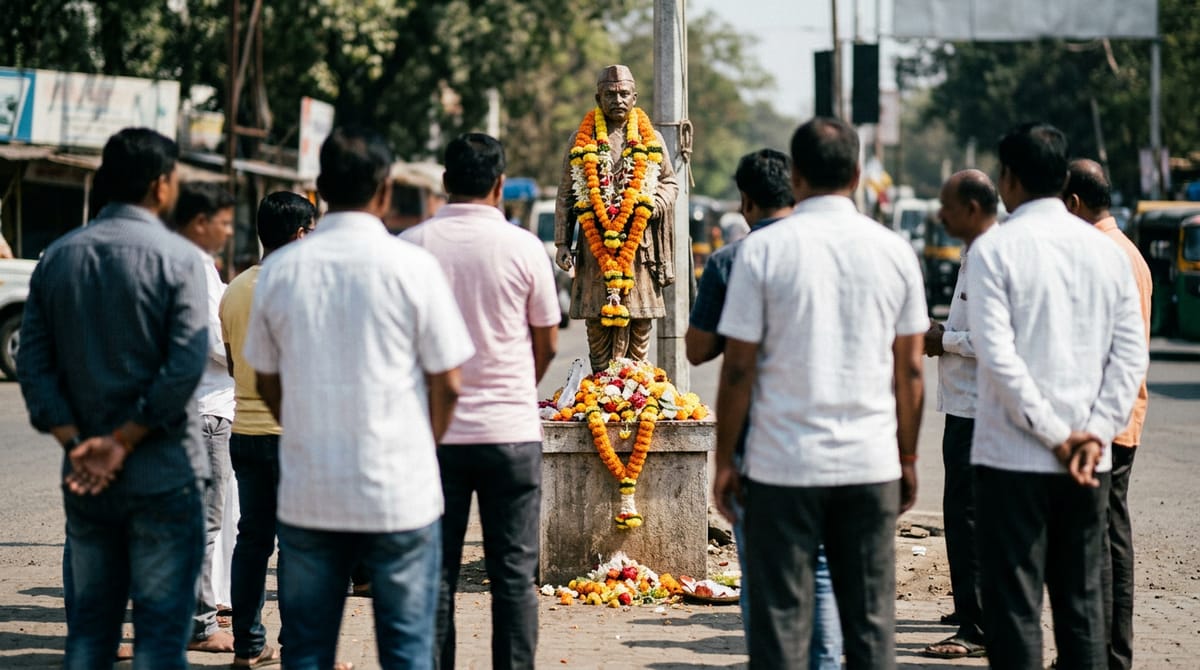 workers placing a marigold garland on a modest bronze bust of an elderly labour leader in a simple cap and kurta, generic and not resembling any real person, on a pedestal at a city square in the morning, seen from a distance
