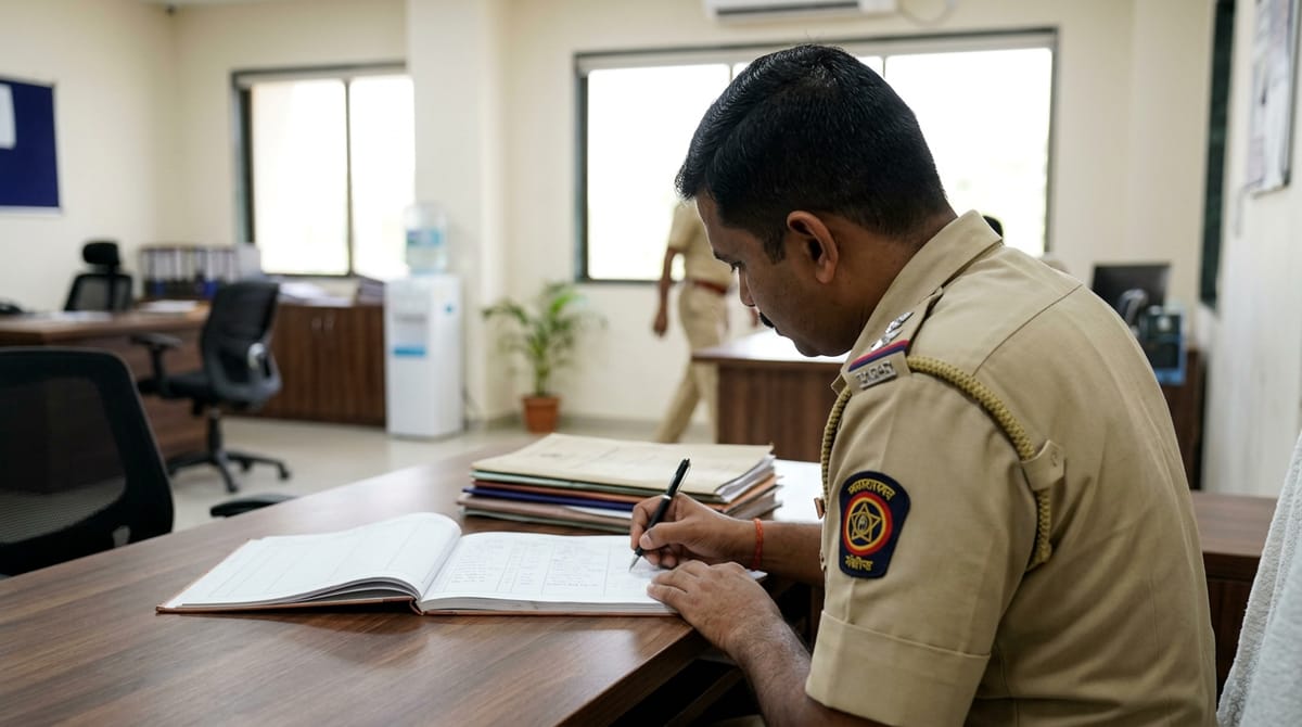 एक पुलिस अधिकारी वर्दी में मेज पर एक नोटबुक में लिख रहा है।