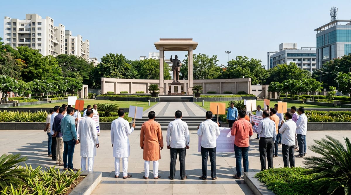 a peaceful protest gathering near a memorial statue plaza in an Indian city, people seen from behind holding blank placards, no flags or party symbols