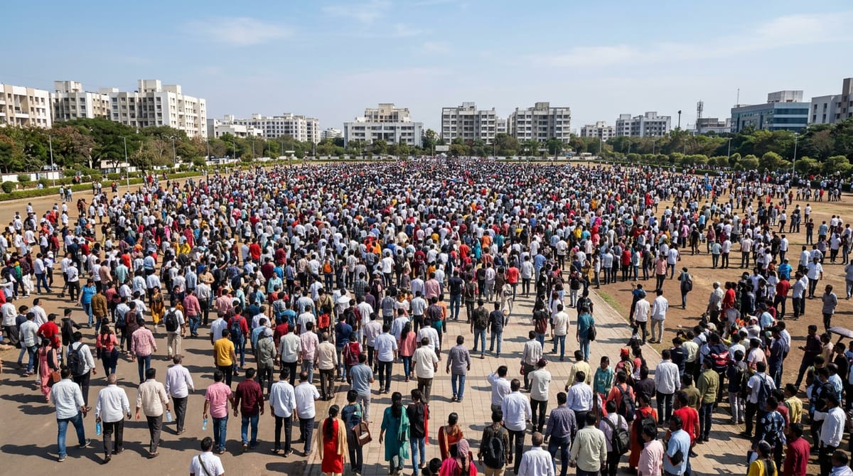 A crowd of people carrying placards, walking on a road and a field, with a city skyline in the background.