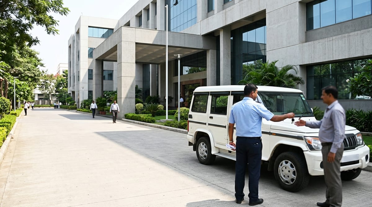 white official government cars parked in a row inside a municipal building compound, a set of car keys on a desk in the foreground