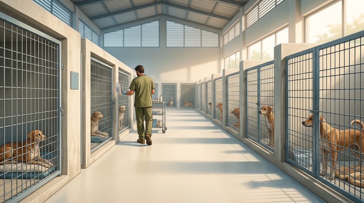A man walks past dog kennels in an animal shelter.