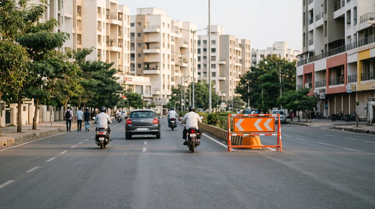 heavy trucks halted at a police barricade on a city road while festival crowds gather ahead, a traffic policeman directing
