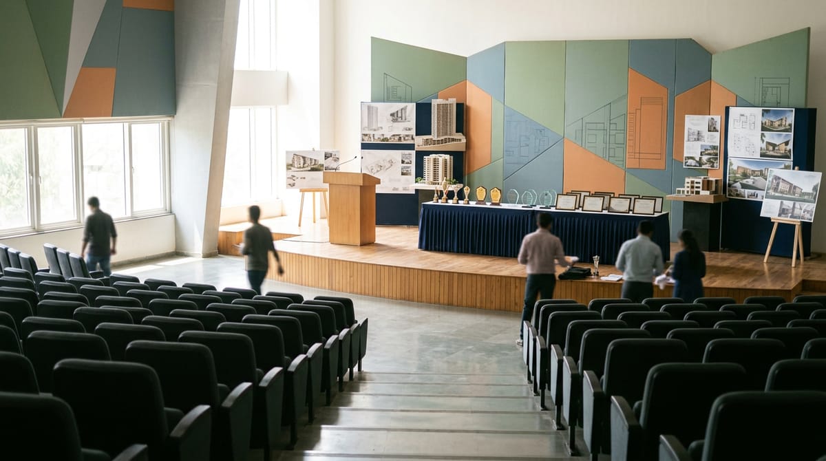 Awards and certificates are arranged on a stage in an empty auditorium, with a few people visible.