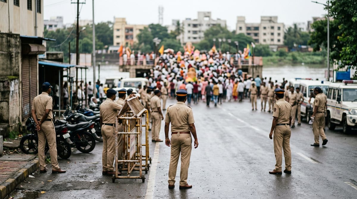rows of police personnel and home guards deployed along a festival route with barricades, a Ganesh procession approaching in the distance