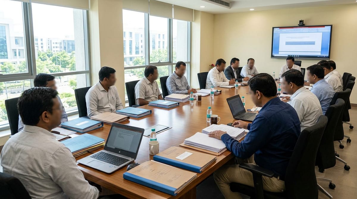एक बड़े कॉन्फ्रेंस रूम में कई लोग एक लकड़ी की मेज के चारों ओर बैठे हैं।
