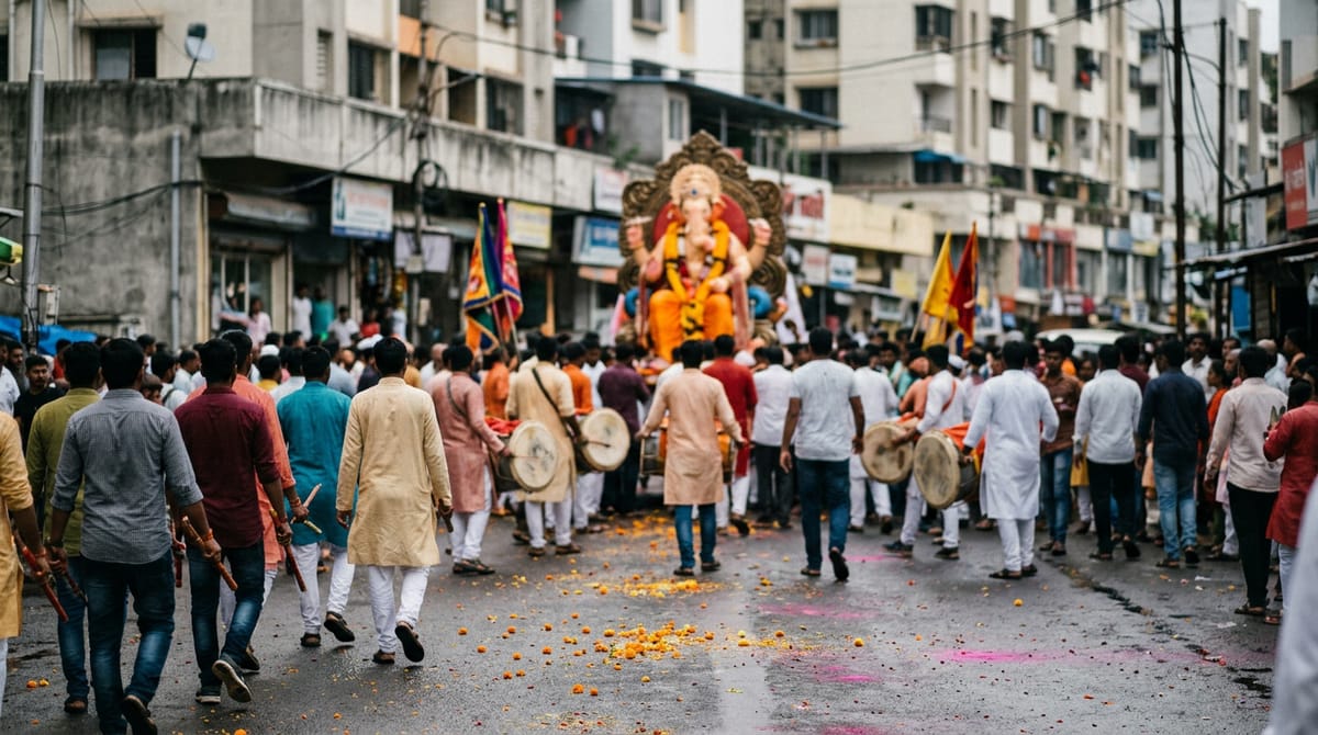 गणेश विसर्जन जुलूस का एक प्रतीकात्मक चित्र, जिसमें लोग और पुलिस गणेश प्रतिमा के साथ चल रहे हैं।