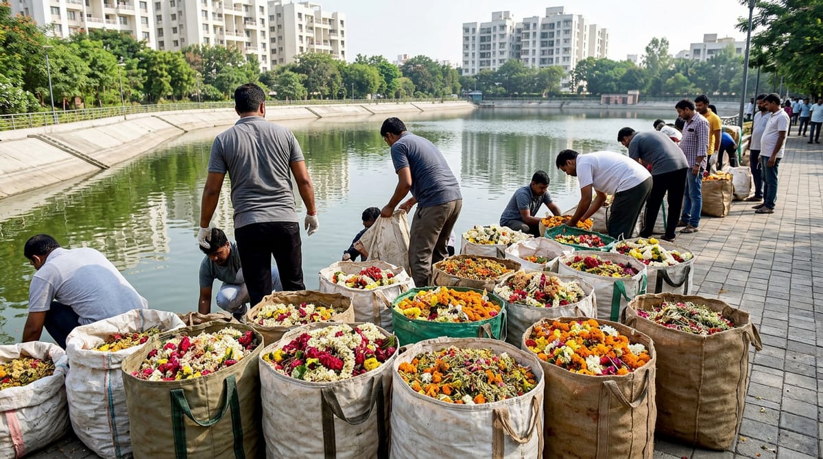 नदी किनारे घाट और पेड़ों के नीचे कई लोग फूलों की मालाएं बोरियों में इकट्ठा कर रहे हैं।