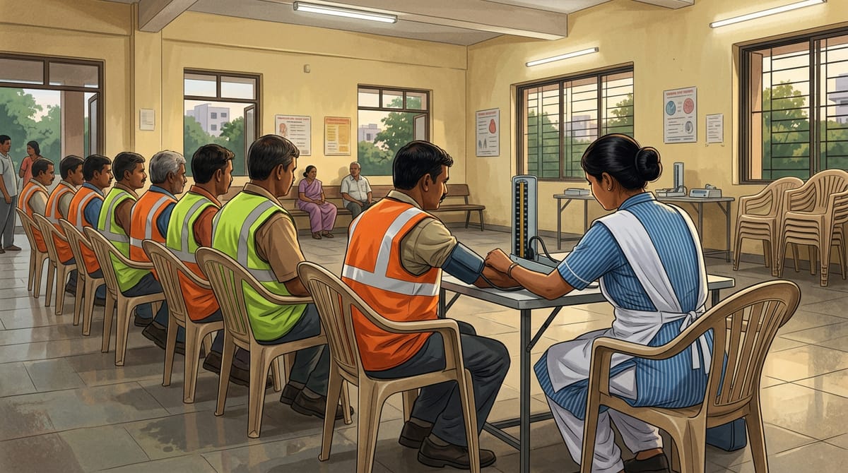 Several men seated in a room for a health check-up, with one man getting his blood pressure checked by a woman.