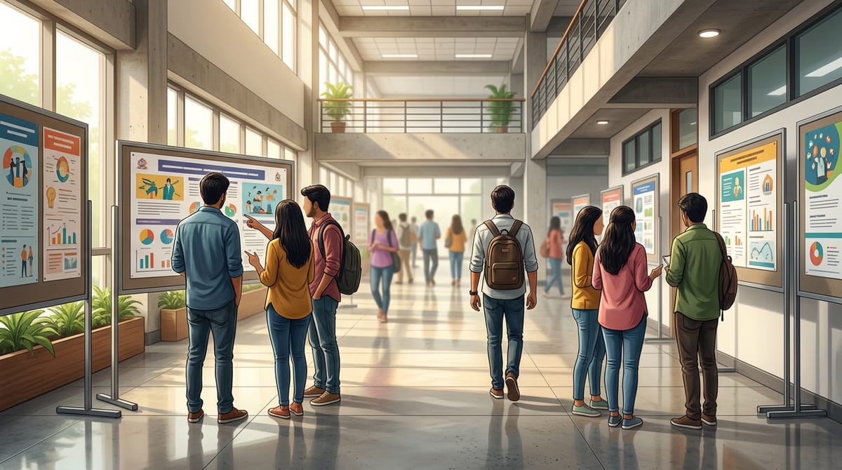Students in a large hall viewing information on poster displays.