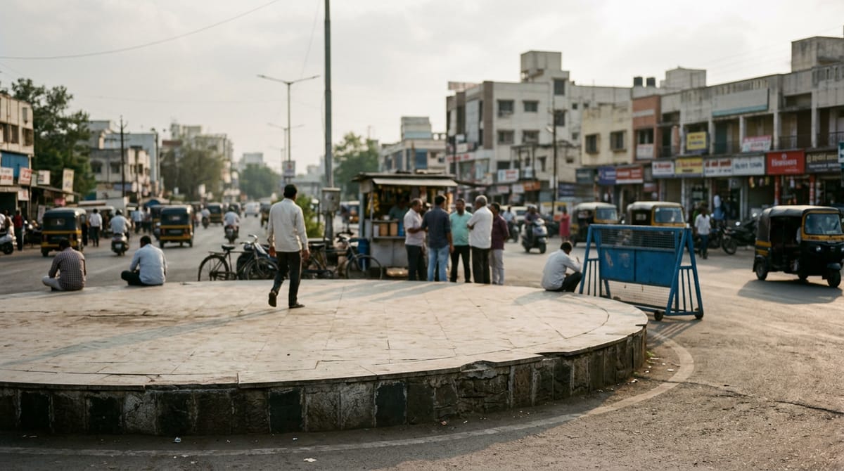 a peaceful protest gathering near a memorial statue plaza in an Indian city, people seen from behind holding blank placards, no flags or party symbols