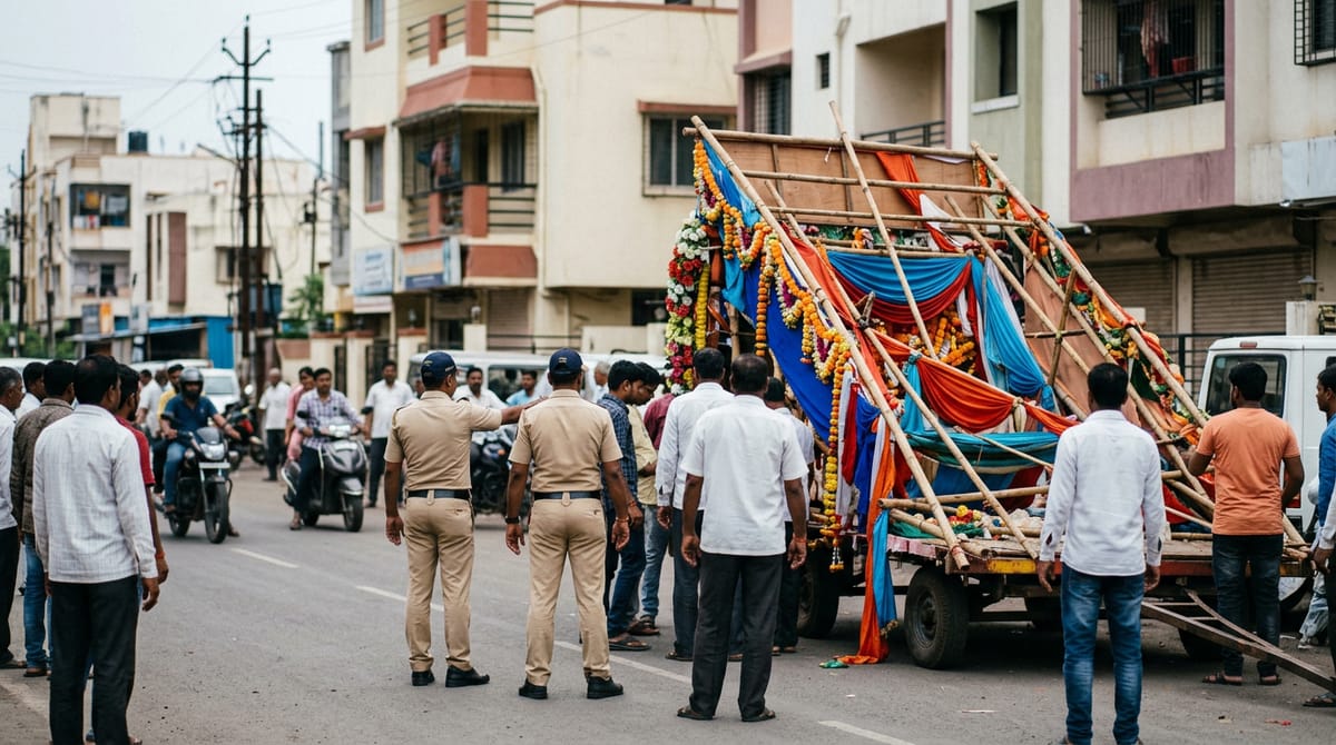 गणपति विसर्जन जुलूस का रात का दृश्य, सड़क पर भीड़ और पुलिस की मौजूदगी।