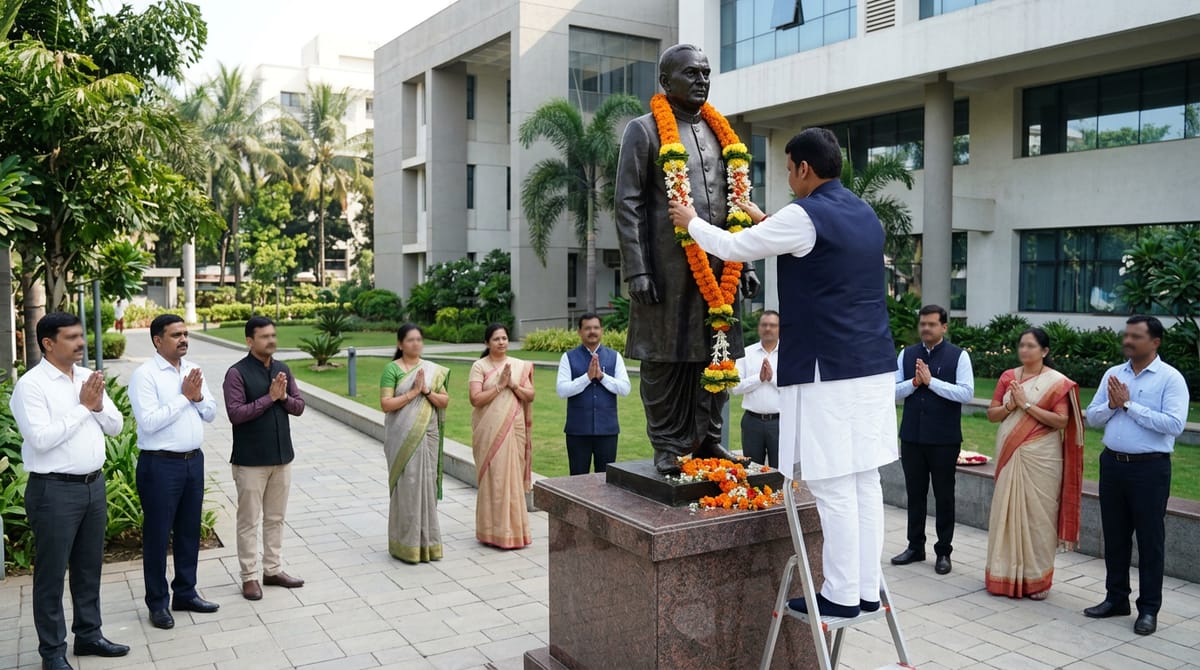 एक व्यक्ति मूर्ति पर माला चढ़ा रहा है, जबकि अन्य लोग हाथ जोड़कर खड़े हैं।