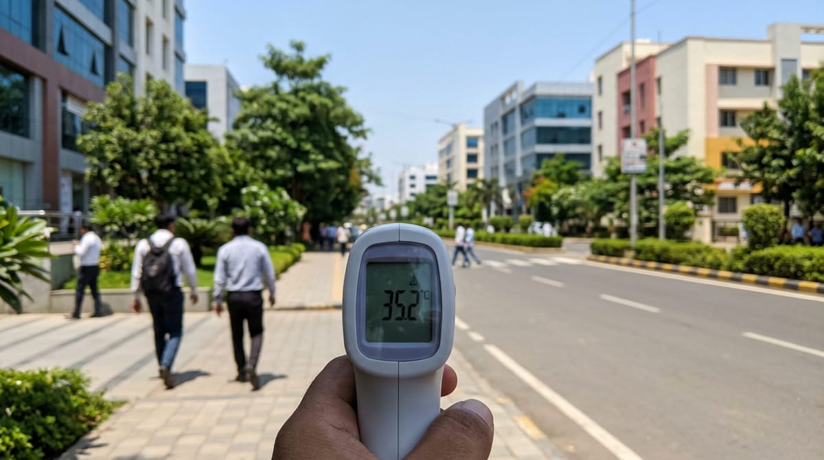 A hand holds a thermometer displaying 35.2°C, with a road and buildings in the background.