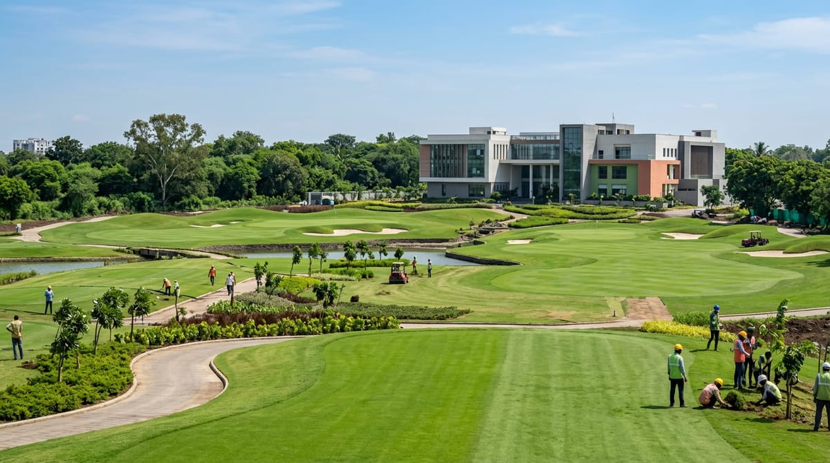 Panoramic view of a lush green golf course with several people and a large building.