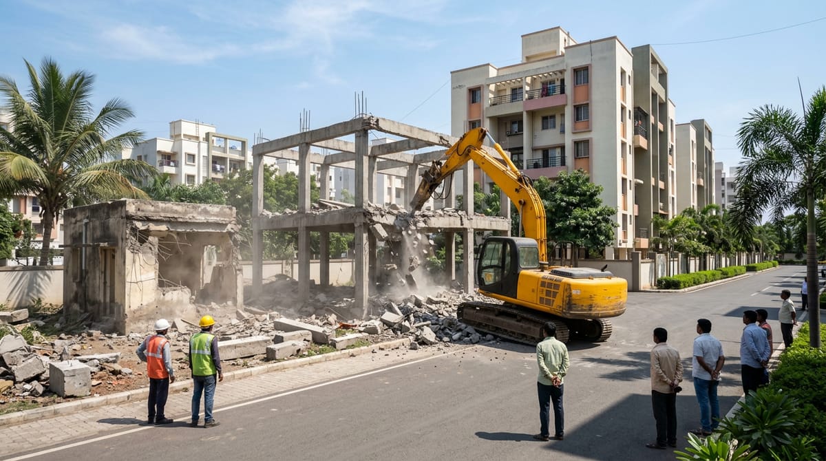 A yellow JCB machine demolishing a building, while several people stand nearby watching the process.