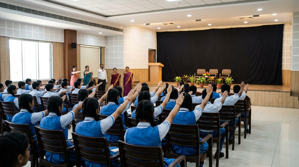 Students and teachers are seen taking an oath in an auditorium.