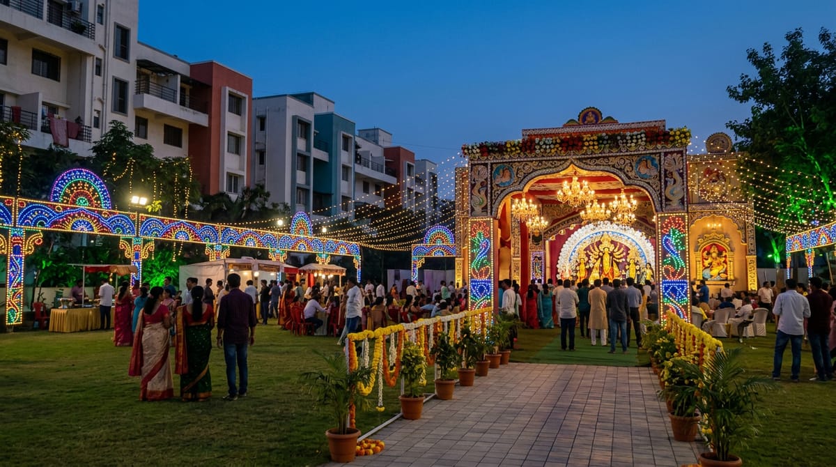 रात में दुर्गा पूजा पंडाल में लोग इकट्ठा हुए हैं, सामने देवी की मूर्ति और रोशनी है।