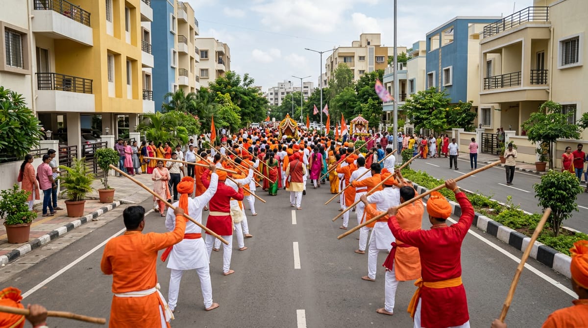 People in traditional attire holding sticks walk on a road, with a procession behind them.