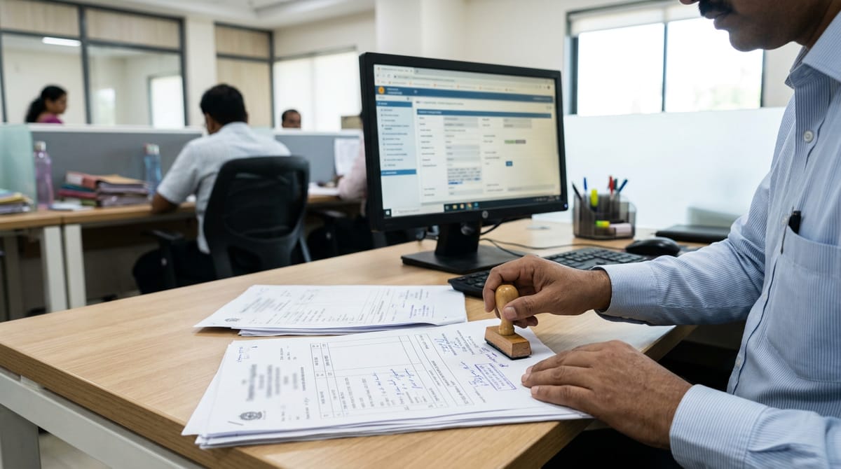 In an office, a person is stamping documents while other employees work at their desks.