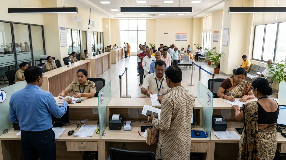 Citizens queueing and interacting with staff at counters in a large office.