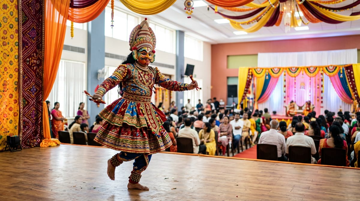 A dancer in traditional costume performs on stage, with an audience seated in front.