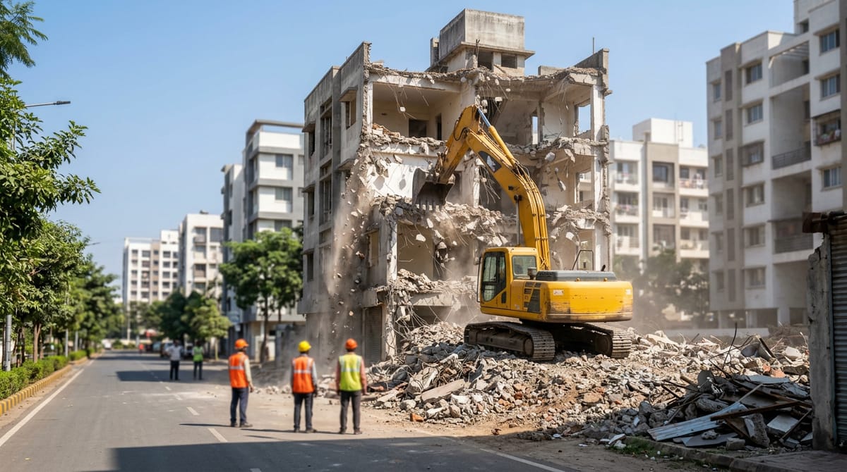 An excavator demolishes a building, with workers standing near the debris.
